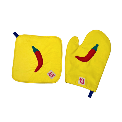 Ensemble manique + gant piment sur fond jaune