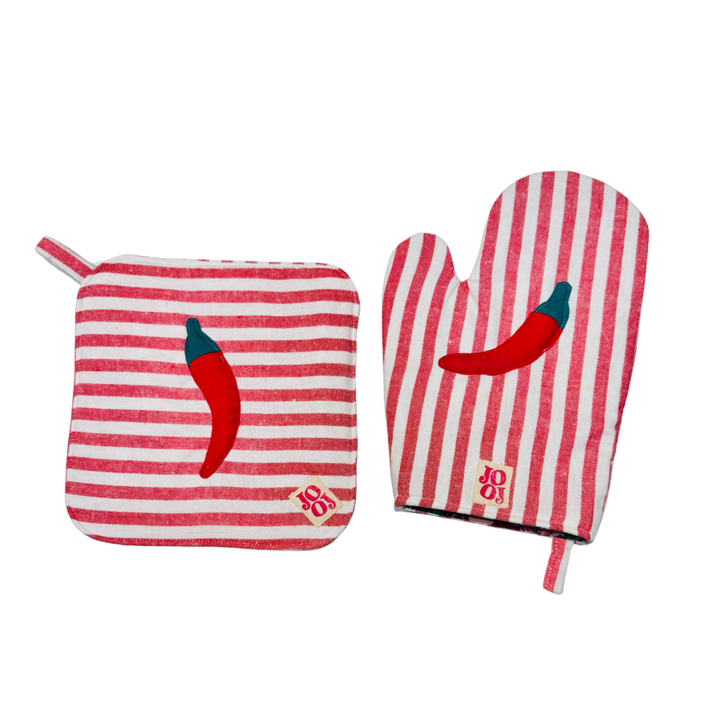 Ensemble manique + gant piment sur fond rayé rouge/blanc