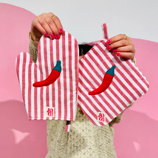 Ensemble manique + gant piment sur fond rayé rouge/blanc