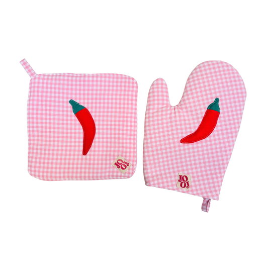 Ensemble manique + gant piment sur fond rose vichy