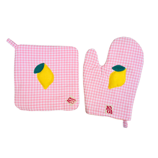 Ensemble manique + gant citron sur fond rose vichy