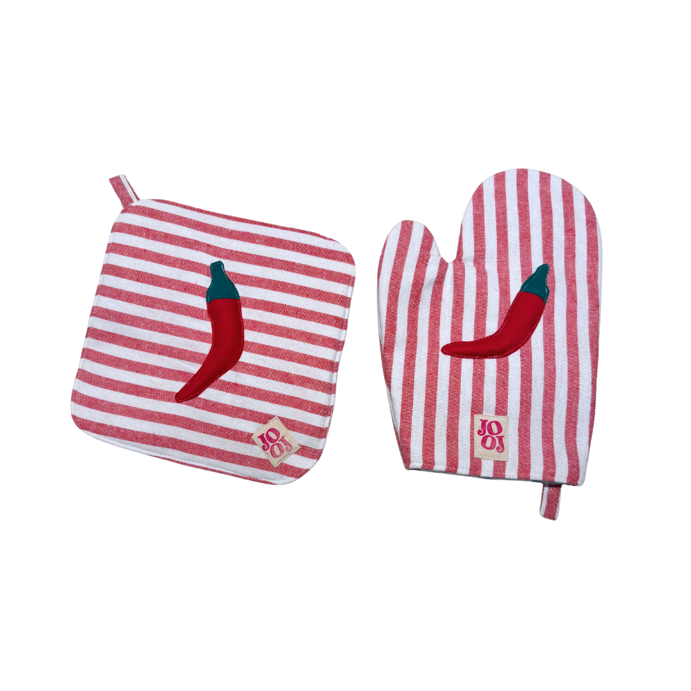 Ensemble manique + gant piment sur fond rayé rouge/blanc
