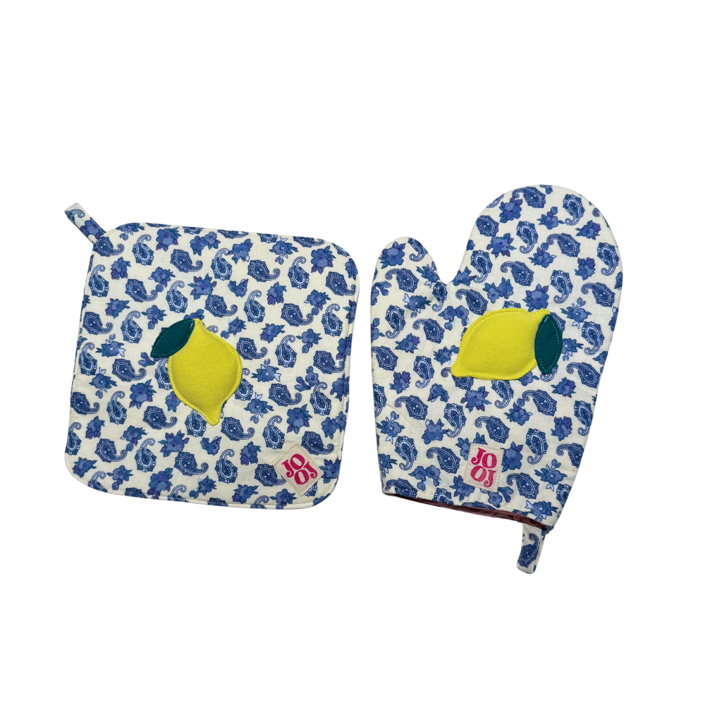 Ensemble manique + gant citron sur fond bleu baroque