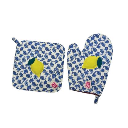 Ensemble manique + gant citron sur fond bleu baroque