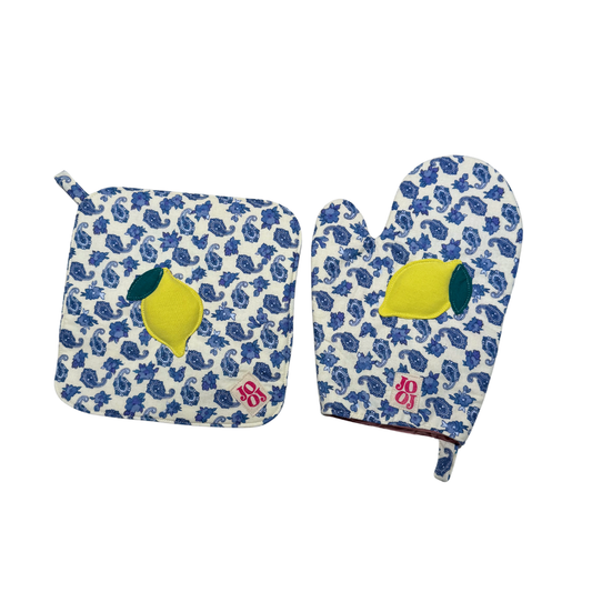 Ensemble manique + gant citron sur fond bleu baroque