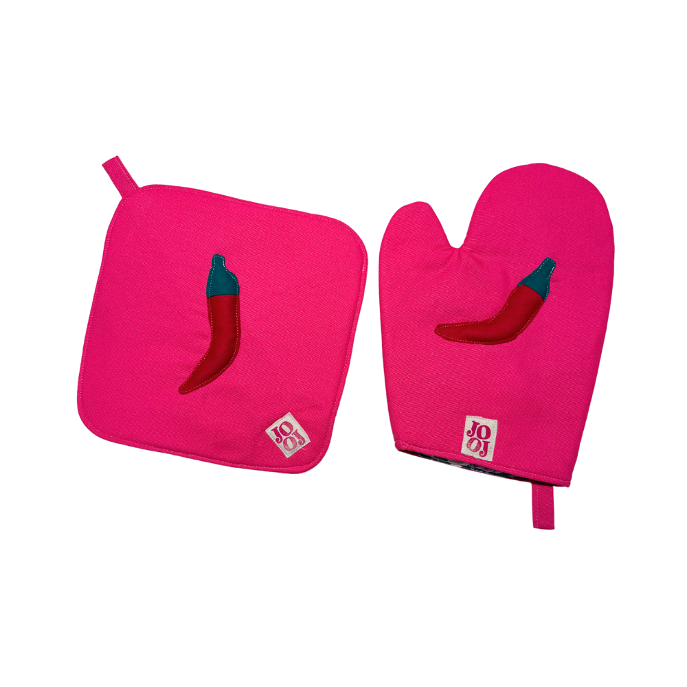 Ensemble manique + gant piment sur fond rose