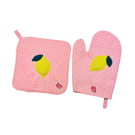 Ensemble manique + gant citron sur fond vichy rose