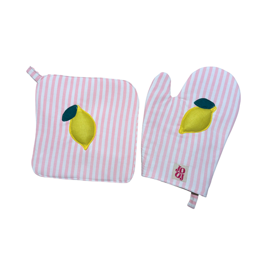 Ensemble manique + gant citron sur fond rayé rose et blanc