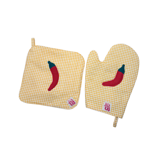 Ensemble manique + gant piment sur fond vichy jaune