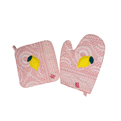Ensemble manique + gant citron sur fond effet gravure rose