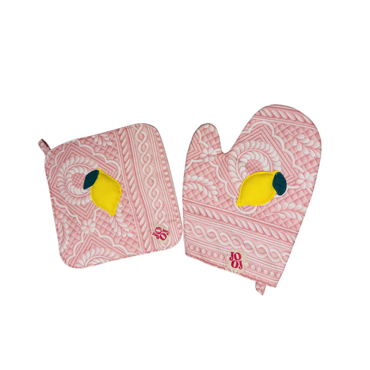 Ensemble manique + gant citron sur fond effet gravure rose