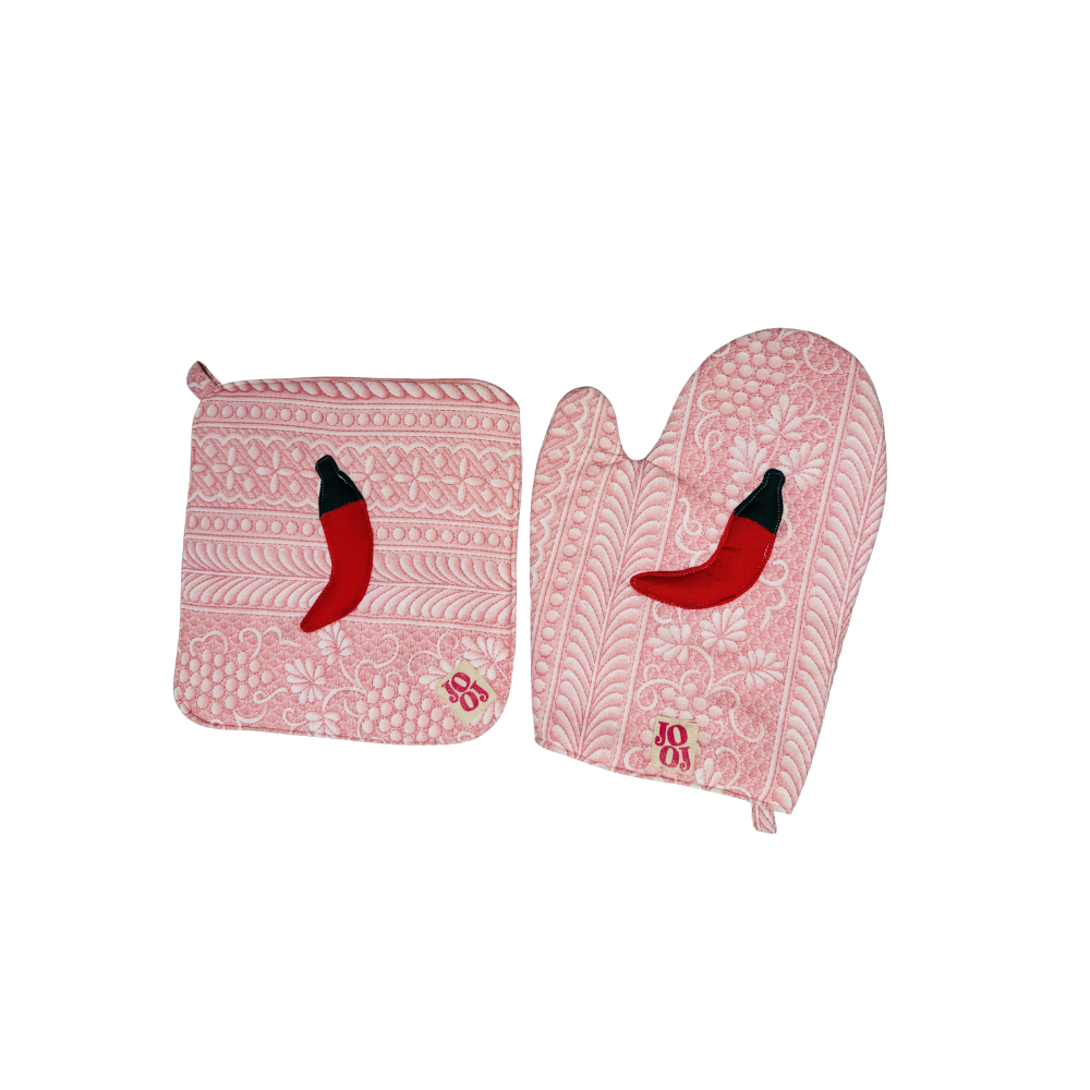 Ensemble manique + gant piment sur fond effet gravure rose