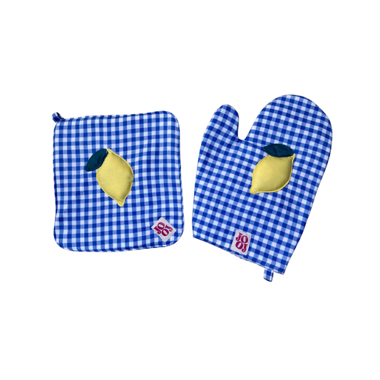 Ensemble manique + gant citron sur fond bleu vichy