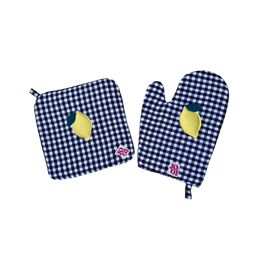 Ensemble manique + gant citron sur fond vichy bleu marine