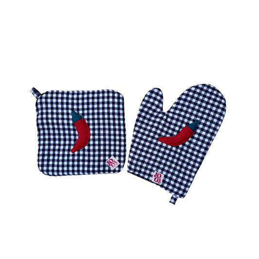 Ensemble manique + gant piment sur fond bleu marine vichy