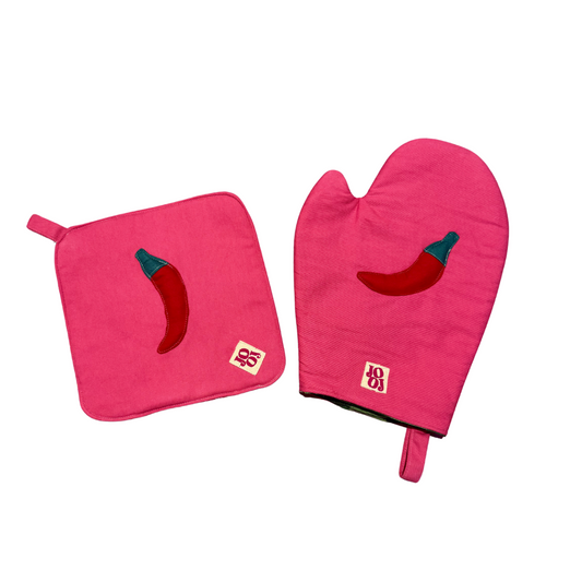 Ensemble manique + gant piment sur fond rose