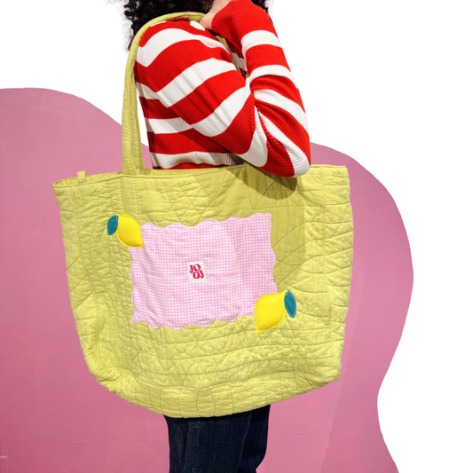 Cabass vert à motif vichy rose et citrons