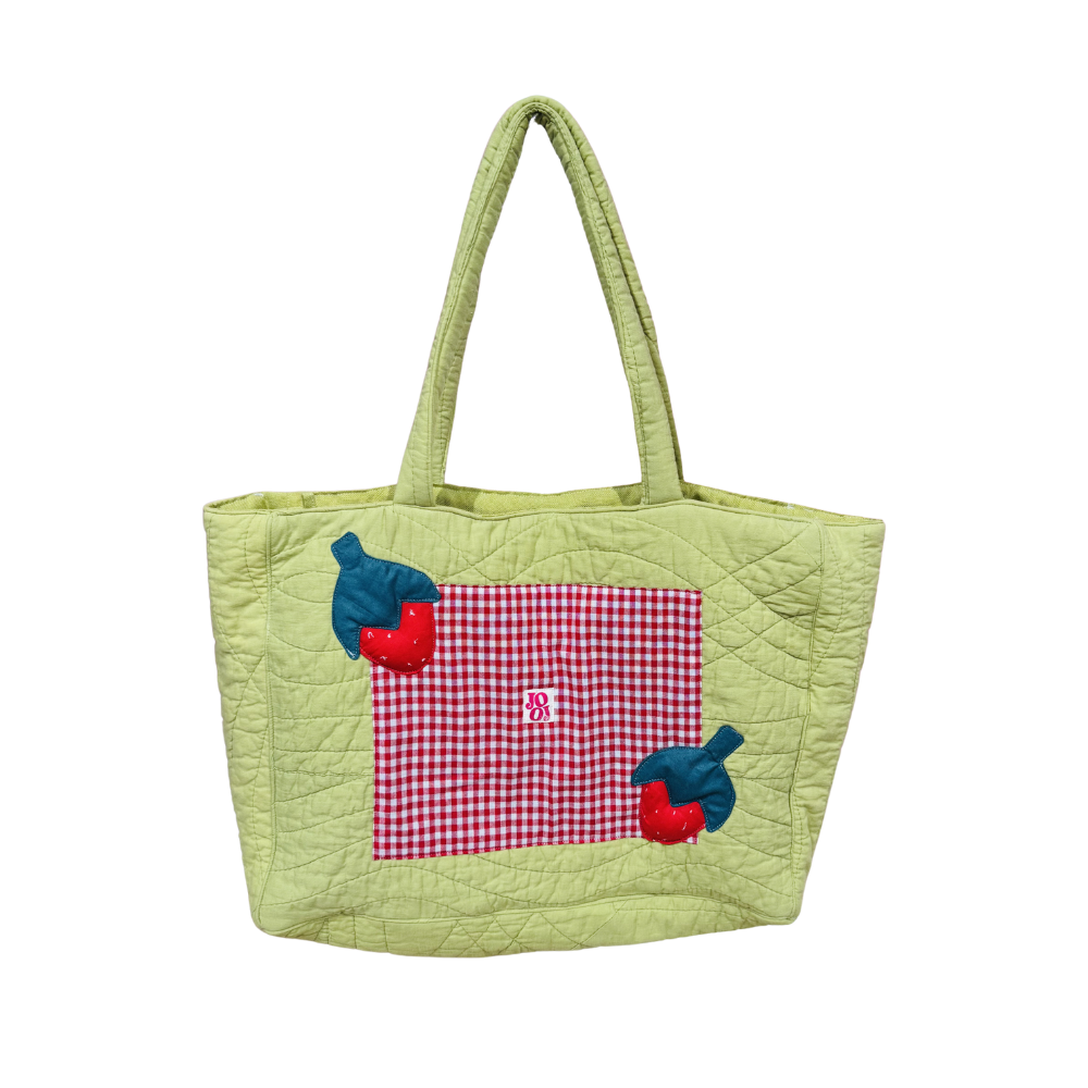 Cabass vert à motif vichy rouge et fraises