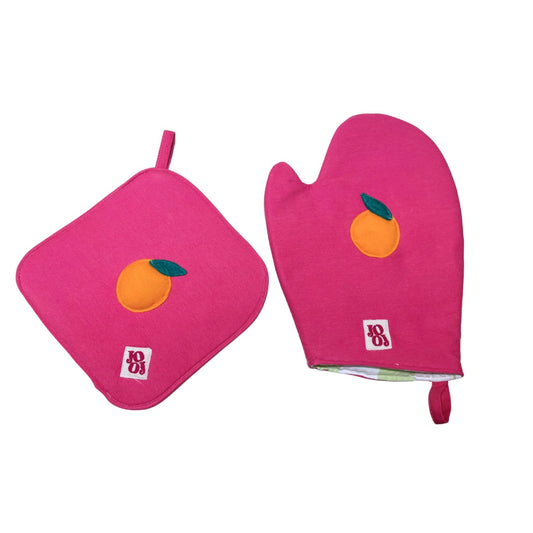 Ensemble manique + gant oranges sur fond rose !