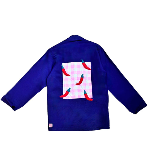 Veste bleue marine à motif vichy rose et piments 3D