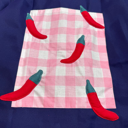 Veste bleue marine à motif vichy rose et piments 3D