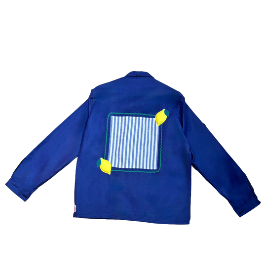Veste bleue marine à motif rayures bleu foncé et citrons 3D