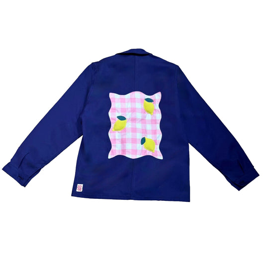 Veste bleue marine à motif vichy rose foncé et citrons 3D
