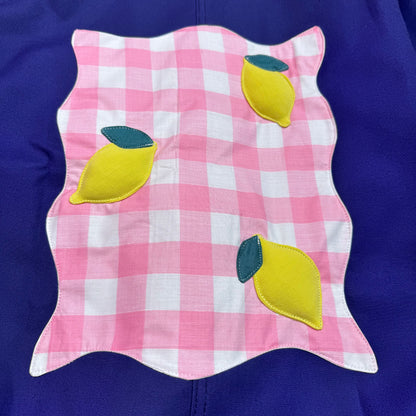 Veste bleue marine à motif vichy rose foncé et citrons 3D