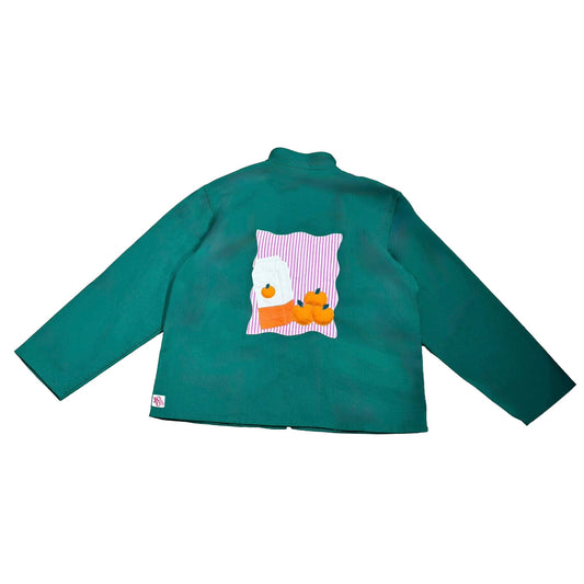 Veste verte à motif rayures roses et jus d’oranges 3D