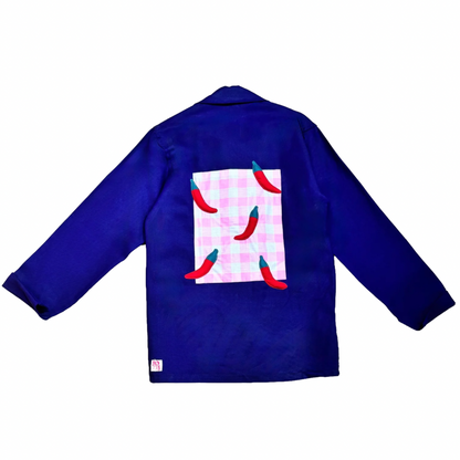 Veste bleue marine à motif vichy rose et piments 3D