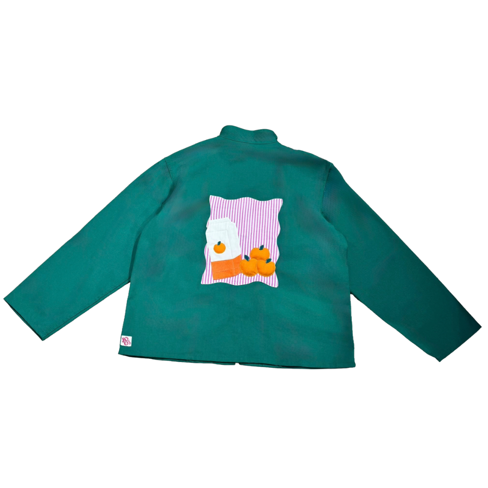Veste verte à motif rayures roses et jus d’oranges 3D