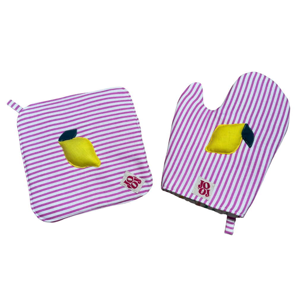 Ensemble manique + gant citron sur fond rose rayures