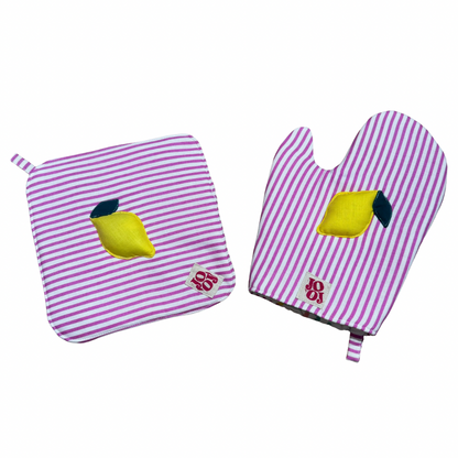 Ensemble manique + gant citron sur fond rose rayures
