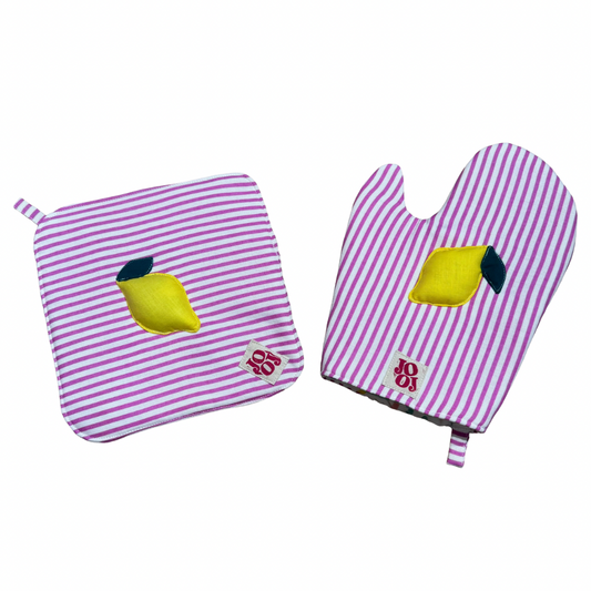 Ensemble manique + gant citron sur fond rose rayures