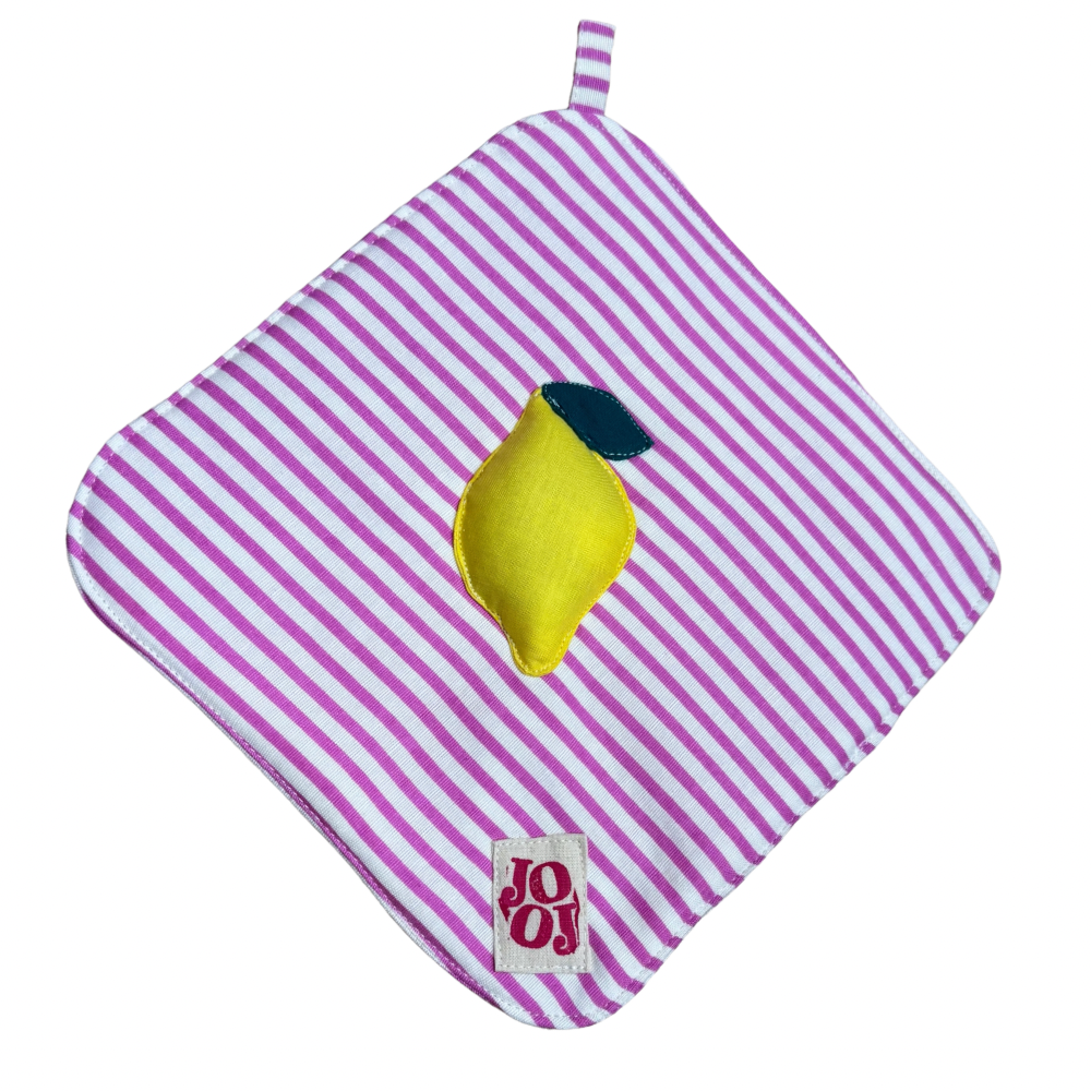 Ensemble manique + gant citron sur fond rose rayures