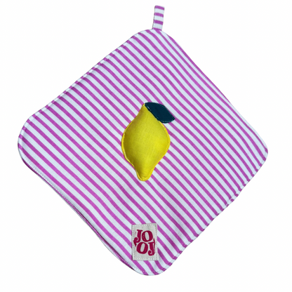 Ensemble manique + gant citron sur fond rose rayures