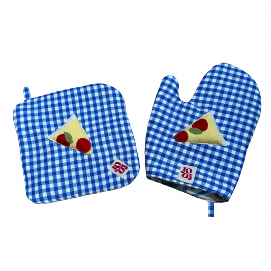 Ensemble manique + gant pizza sur fond vichy bleu (Copie)