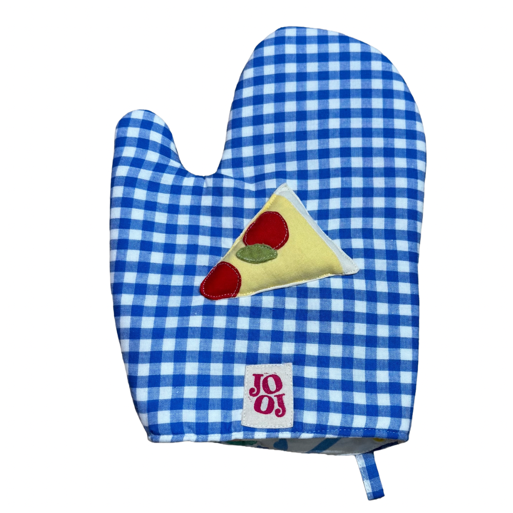 Ensemble manique + gant pizza sur fond vichy bleu (Copie)