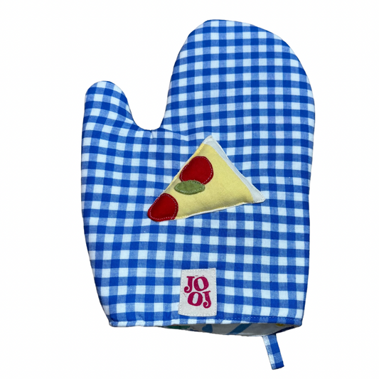 Ensemble manique + gant pizza sur fond vichy bleu (Copie)