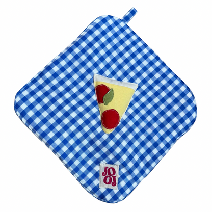 Ensemble manique + gant pizza sur fond vichy bleu (Copie)