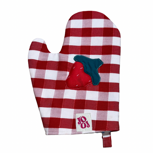 Ensemble manique + gant fraise sur fond vichy rouge