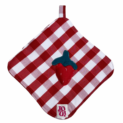 Ensemble manique + gant fraise sur fond vichy rouge
